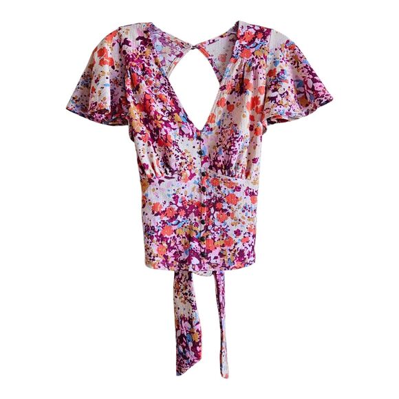ANTHROPOLOGIE Women's S Blouse Floral V-Neck Flutter Sleeve Tie Waist Smocked 34 - Picture 1 of 10